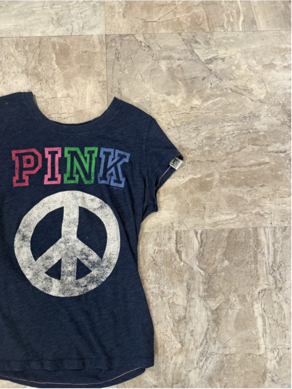 Vtg Y2K PINK Victoria Secret Peace Sign Tshirt Blue Colorful Logo Women’s L